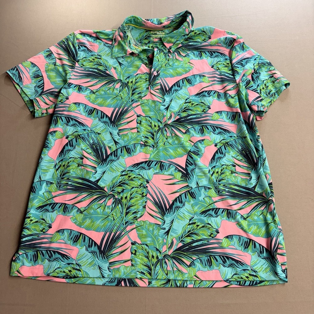 Birdie Bound Men’s 2XL Pink Teal Tropical Palm Leaf Golf Polo Stretch
